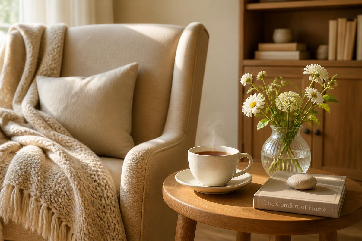 A cozy living room corner with an armchair, blanket, tea, and flowers, representing the comfort of home